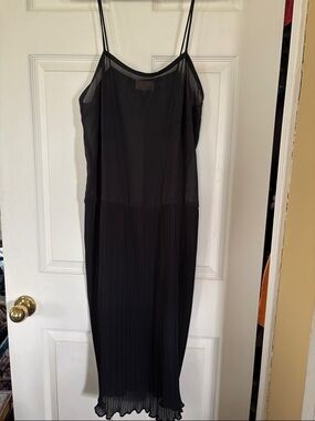 Black Pleated Midi Slip Dress with Spaghetti Straps